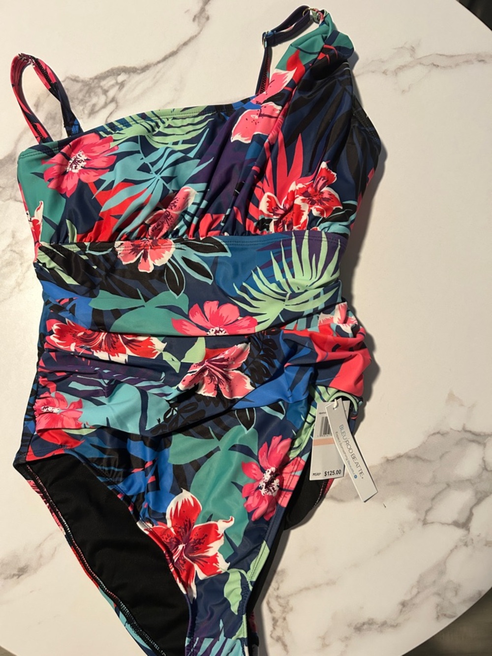Asymmetric Floral One-Piece Swimsuit in Navy with Coral and Teal